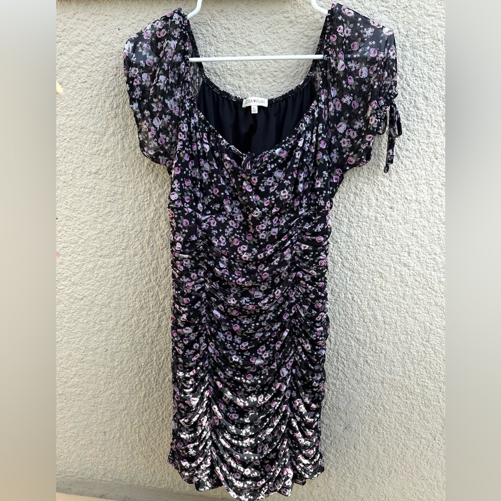 BODYCON RUCHED DRESS - mesh floral ribbons